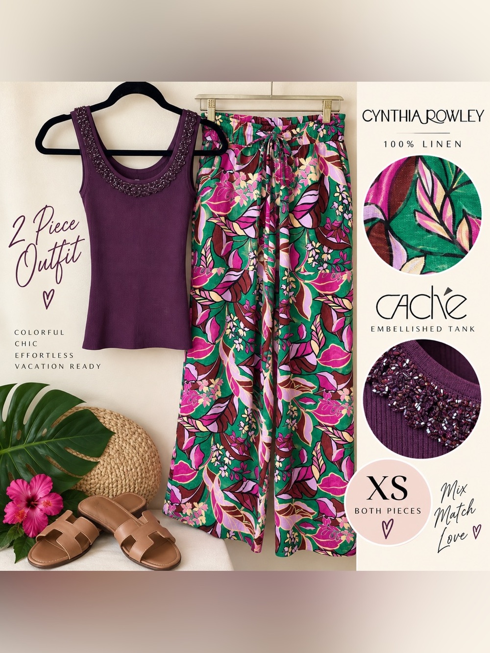 Cynthia Rowley Floral Linen Pants + Cache Beaded Tank Outfit XS 2 Pc